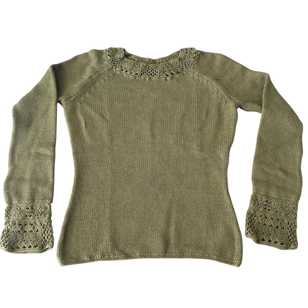 Liz Claiborne Green Crochet Knit Sweater Size Small Cottagecore Preppy Stylish